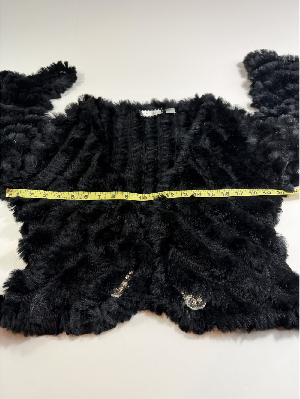 Black Icicle Cropped Rabbit Fur Jacket with jewel accent trim - Picture 4 of 7